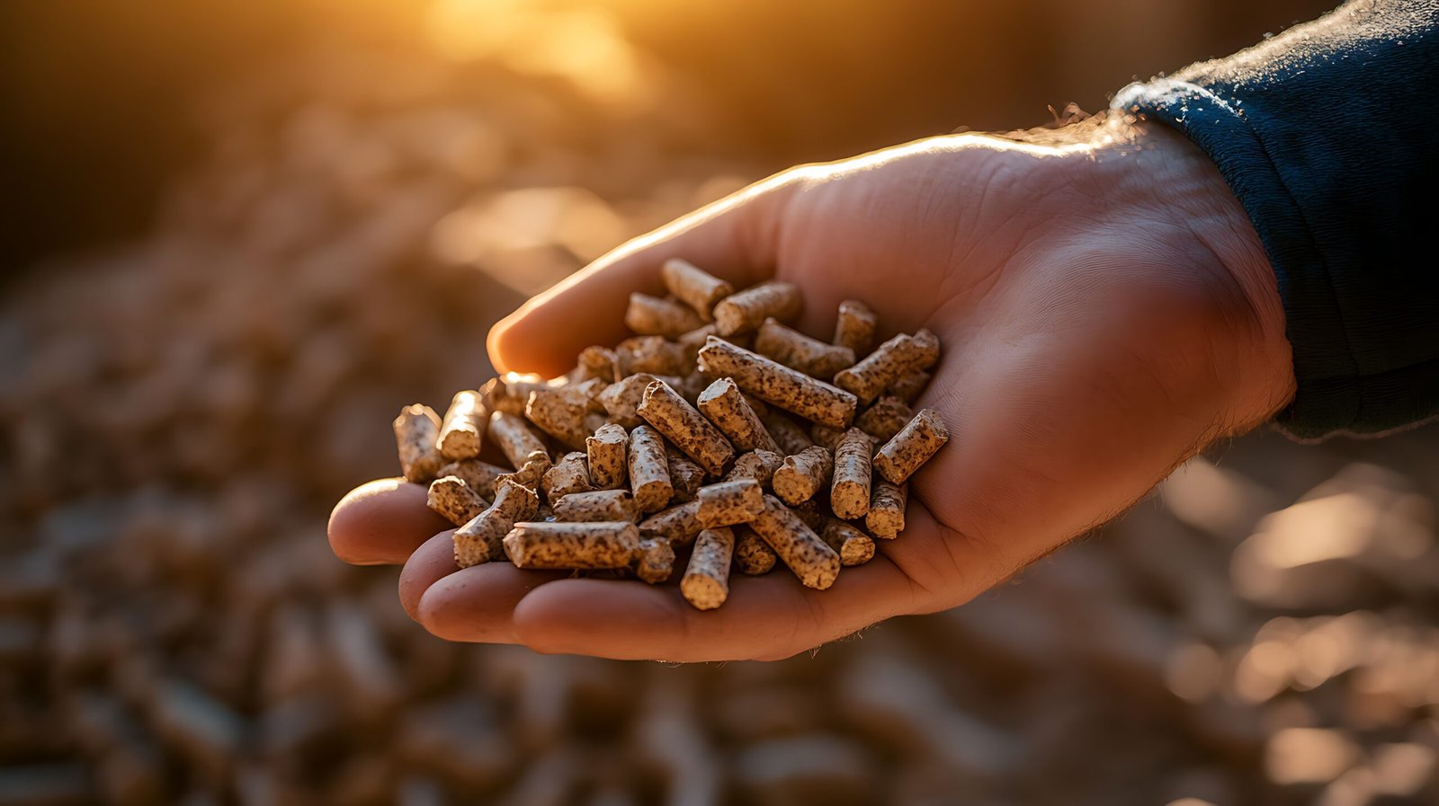 A hand holds wood pellets with a pile visible in the background, illuminated by warm golden sunlight, ideal for sustainable energy and eco-friendly themes.